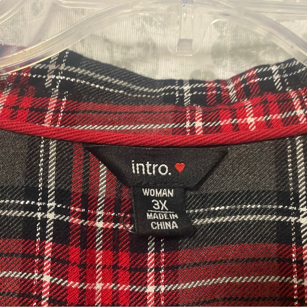 Intro Long Sleeve Button Up Plaid Flannel Top Red Gray Metallic Silver 3X - Picture 5 of 6